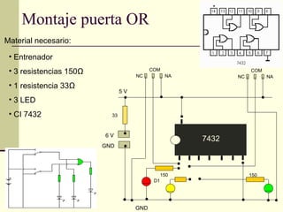 Montaje puerta OR
Material necesario:

 • Entrenador
 • 3 resistencias 150Ω                     COM                     COM
                                     NC           NA          NC         NA

 • 1 resistencia 33Ω
                                5V
 • 3 LED
 • CI 7432                 33



                         6V
                                                       7432
                         GND




                                                 150               150
                                            D1




                                     GND
 