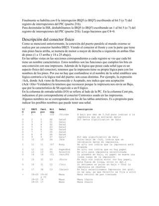 Finalmente se habilita con 0 la interrupción IRQ5 (o IRQ7) escribiendo al bit 5 (o 7) del
registro de interrupciones del PIC (puerto 21h).
Para desinstalar la ISR, deshabilitamos la IRQ5 (o IRQ7) escribiendo un 1 al bit 5 (o 7) del
registro de interrupciones del PIC (puerto 21h). Luego hacemos que C4=0.
Descripción del conector físico
Como se mencionó anteriormente, la conexión del puerto paralelo al mundo externo se
realiza por un conector hembra DB25. Viendo el conector al frente y con la parte que tiene
más pines hacia arriba, se numera de menor a mayor de derecha a izquierda en ambas filas
de pines (1 a 13 arriba y 14 a 25 abajo).
En las tablas vistas en las secciones correspondientes a cada registro se vio que cada bit
tiene un nombre característico. Estos nombres son las funciones que cumplen los bits en
una conexión con una impresora. Además de la lógica que posee cada señal (que es un
aspecto físico del conector), tenemos que la impresora tiene su propia lógica para con los
nombres de los pines. Por eso no hay que confundirse si el nombre de la señal establece una
lógica contraria a la lógica real del puerto; son cosas distintas. Por ejemplo, la expresión
/Ack, donde Ack viene de Reconocido o Aceptado, nos indica que una aceptación
(Ack=Alto=Verdadero) la tenemos que reconocer porque la impresora nos envía un Bajo,
que por la característica de S6 equivale a un 0 lógico.
En la columna de entrada/salida (I/O) se refiere al lado de la PC. En la columna Cent pin,
indicamos el pin correspondiente al conector Centronics usado en las impresoras.
Algunos nombres no se corresponden con los de las tablas anteriores. Es a propósito para
indicar los posibles nombres que puede tener una señal.
I/ DB25 Cent Bit Señal Descripción
O pin pin reg.
O 1 1 /C0 /Strobe A bajo por más de 0.5uS para indicar a la
impresora que se enviarán datos
O 2 2 D0 Data0 Bit menos significativo de Data
O 3 3 D1 Data1
O 4 4 D2 Data2
O 5 5 D3 Data3
O 6 6 D4 Data4
O 7 7 D5 Data5
O 8 8 D6 Data6
O 9 9 D7 Data7 Bit más significativo de Data
I 10 10 S6 /Ack Pulso bajo de ~5uS, indica que se
recibieron datos en impresora.
I 11 11 /S7 Busy En alto nos indica que la impresora está
ocupada
I 12 12 S5 PaperEnd En alto nos indica que no hay papel
I 13 13 S4 SelectIn En alto para impresora seleccionada
O 14 14 /C1 /AutoFd Si ponemos en bajo, el papel se mueve una
línea luego de la impresión
I 15 32 S3 /Error En bajo nos indica error (no hay papel,
está fuera de línea, error no det.)
O 16 31 C2 /Init Si enviamos un pulso en bajo > 50uS la
impresora se resetea
O 17 36 C3 /Select En bajo seleccionamos impresora (en gral.
no se usa, ya que SelectIn se fija a alto)
- 18-25 19-30 Masa Masa retorno de par trenzado
y 33
18-25 16 Masa Masa lógica
18-25 17 Masa Masa chasis
 