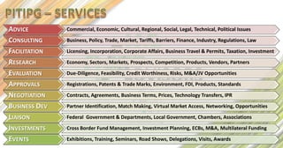 ADVICE         Commercial, Economic, Cultural, Regional, Social, Legal, Technical, Political Issues

CONSULTING     Business, Policy, Trade, Market, Tariffs, Barriers, Finance, Industry, Regulations, Law

FACILITATION   Licensing, Incorporation, Corporate Affairs, Business Travel & Permits, Taxation, Investment

RESEARCH       Economy, Sectors, Markets, Prospects, Competition, Products, Vendors, Partners

EVALUATION     Due-Diligence, Feasibility, Credit Worthiness, Risks, M&A/JV Opportunities

APPROVALS      Registrations, Patents & Trade Marks, Environment, FDI, Products, Standards

NEGOTIATION    Contracts, Agreements, Business Terms, Prices, Technology Transfers, IPR

BUSINESS DEV   Partner Identification, Match Making, Virtual Market Access, Networking, Opportunities

LIAISON        Federal Government & Departments, Local Government, Chambers, Associations

INVESTMENTS    Cross Border Fund Management, Investment Planning, ECBs, M&A, Multilateral Funding

EVENTS         Exhibitions, Training, Seminars, Road Shows, Delegations, Visits, Awards
 