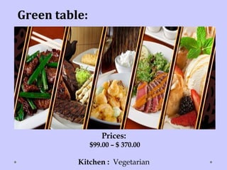 Green table:
Prices:
$99.00 – $ 370.00
Kitchen : Vegetarian
 