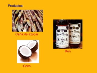 Productos:

Caña de azúcar

Ron

Coco

 