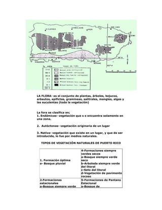 LA FLORA- es el conjunto de plantas, árboles, bejucos,
arbsutos, epífictas, gramineas, salitrales, mangles, algas y
las suculentas (toda la vegetación)

La fora se clasifica en;
1. Endámicas- vegetación que s e encuentra solamente en
una zona.
2. Autóctonas- vegetación originaria de un lugar
3. Nativa- vegetación que existe en un lugar, y que de ser
introducida, lo fue por medios naturales.
TIPOS DE VEGETACIÓN NATURALES DE PUERTO RICO

1. Formación óptima
a- Bosque pluvial

2.Formaciones
estacionales
a-Bosque siempre verde

4-Formaciones siempre
verdes secos
a-Bosque siempre verde
seco
b-Arboleda siempre verde
del litoral
c-Seto del litoral
d-Vegetación de pavimento
rocoso
5-Formaciones de Pantano
Estacional
a-Bosque de

 