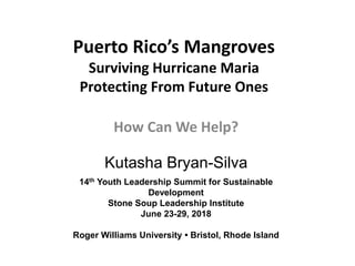 Puerto Rico’s Mangroves
Surviving Hurricane Maria
Protecting From Future Ones
How Can We Help?
Kutasha Bryan-Silva
14th Youth Leadership Summit for Sustainable
Development
Stone Soup Leadership Institute
June 23-29, 2018
Roger Williams University • Bristol, Rhode Island
 