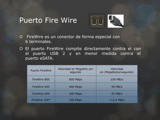 Puerto Fire Wire

 FireWire es un conector de forma especial con
  6 terminales.
 El puerto FireWire compite directamente contra el con
  el puerto USB 2 y en menor medida contra el
  puerto eSATA.

                       Velocidad en Megabits por          Velocidad
     Puerto FireWire
                                segundo            en (MegaBytes/segundo)

      FireWire 800            800 Mbps                   100 MB/s

      FireWire 400            400 Mbps                    50 MB/s

      FireWire 200            200 Mbps                    25 MB/s

     FireWire 100*            100 Mbps                  <12.5 MB/s
 