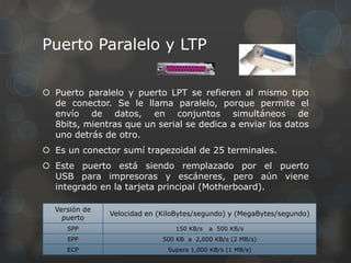 Puerto Paralelo y LTP

 Puerto paralelo y puerto LPT se refieren al mismo tipo
  de conector. Se le llama paralelo, porque permite el
  envío de datos, en conjuntos simultáneos de
  8bits, mientras que un serial se dedica a enviar los datos
  uno detrás de otro.
 Es un conector sumí trapezoidal de 25 terminales.
 Este puerto está siendo remplazado por el puerto
  USB para impresoras y escáneres, pero aún viene
  integrado en la tarjeta principal (Motherboard).

  Versión de
               Velocidad en (KiloBytes/segundo) y (MegaBytes/segundo)
    puerto
     SPP                        150 KB/s   a 500 KB/s
     EPP                     500 KB a 2,000 KB/s (2 MB/s)
     ECP                      Supera 1,000 KB/s (1 MB/s)
 