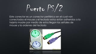 Puerto PS/2
Este conector es un conector periférico en el cual van
conectados el mouse y el teclado estos están adheridos a la
tarjeta madre por medio de estos llegan las señales de
mouse y la ordenes del teclado
 