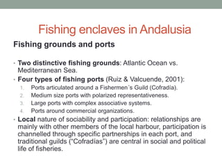 Fishing grounds and ports
• Two distinctive fishing grounds: Atlantic Ocean vs.
Mediterranean Sea.
• Four types of fishing ports (Ruiz & Valcuende, 2001):
1. Ports articulated around a Fishermen´s Guild (Cofradía).
2. Medium size ports with polarized representativeness.
3. Large ports with complex associative systems.
4. Ports around commercial organizations.
• Local nature of sociability and participation: relationships are
mainly with other members of the local harbour, participation is
channelled through specific partnerships in each port, and
traditional guilds (“Cofradías”) are central in social and political
life of fisheries.
Fishing enclaves in Andalusia
 