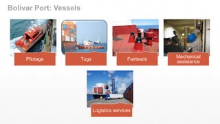 Bolivar Port: Vessels
Pilotage Tugs Fairleads
Mechanical
assistance
Logistics services
 