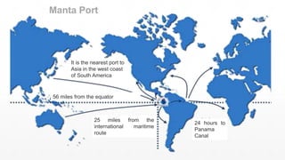 It is the nearest port to
Asia in the west coast
of South America
56 miles from the equator
25 miles from the
international maritime
route
24 hours to
Panama
Canal
Manta Port
 