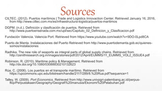 CILTEC. (2012). Puertos marítimos | Trade and Logistics Innovaction Center. Retrieved January 16, 2016,
from http://www.ciltec.com.mx/es/infraestructura-logistica/puertos-maritimos
DGPM. (n.d.). Definición y clasificación de puertos. Retrieved from
http://www.puertoensenada.com.mx/upl/sec/Capitulo_02_Definicion_y_Clasificacion.pdf
Fundación Valencia. Valencia Port. Retrieved from https://www.youtube.com/watch?v=9DO-0Lpd8CA
Puerto de Manta. Instalacaciones del Puerto Retrieved from http://www.puertodemanta.gob.ec/quienes-
somos/instalaciones
Radhika. The new role of seaports as integral parts of global supply chains. Retrieved from
http://zenithresearch.org.in/images/stories/pdf/2012/April/EIJMMS/11_EIJMMS_VOL2_ISSUE4.pdf
Robinson, R. (2010). Maritime policy & Management. Retrieved from
http://dx.doi.org/10.1080/03088830210132623
Rúa, C. (2006). Los puertos en el transporte marítimo. Retrieved from
https://upcommons.upc.edu/bitstream/handle/2117/289/8.%20Rua.pdf?sequence=1
Talley, W. (2009). Port Economics. Retrieved from http://www.univpgri-palembang.ac.id/perpus-
fkip/Perpustakaan/Geography/Geografi%20manusia/Ekonomi%20Pelabuhan.pdf
Sources
 