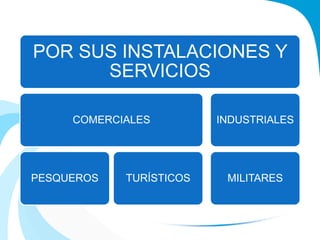 POR SUS INSTALACIONES Y
SERVICIOS
COMERCIALES
PESQUEROS TURÍSTICOS
INDUSTRIALES
MILITARES
 