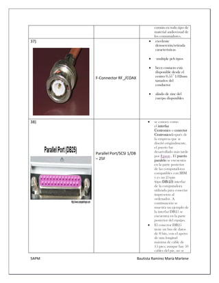 5APM Bautista Ramírez María Marlene 
común en todo tipo de material audiovisual de los consumidores. 
37) 
F-Connector RF_/COAX  excelente deinserción/retirada características  multiple pcb tipos  becu contacto está disponible desde el centro 0.55~1.02mm tamaños del conductor  aliado de zinc del cuerpo disponibles 
38) 
Parallel Port/SCSI 1/DB – 25F  se conoce como el interfaz Centronics o conector Centronicsdespués de la empresa que se diseñó originalmente, el puerto fue desarrollado más tarde por Epson . El puerto paralelo se encuentra en la parte posterior de las computadoras compatibles con IBM y es un 25-pin (tipo DB-25) interfaz de la computadora utilizada para conectar impresoras al ordenador. A continuación se muestra un ejemplo de la interfaz DB25 se encuentra en la parte posterior del equipo.  El conector DB25 tiene un bus de datos de 8 bits, con el apoyo de una longitud máxima de cable de 15 pies; aunque hay 50 cables del pie, no se  