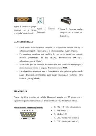 Figura 1. Puerto de juegos
                                  Figura   2.       Símbolo    de Figura 3. Conector macho
integrado   en     la   tarjeta
                                  Gameport.                      integrado en el cable del
principal ("motherboard").
                                                                 dispositivo.


CARACTERÍSTICAS

       En el ámbito de la electrónica comercial, se le denomina conector DB15 ("D-
       subminiaturetype B, 15 pin"), esto es D-subminiatura tipo B, para 15 pines.
       Es importante mencionar que también de este puerto existió una variante
       utilizada    para tarjetas     de      red     (LAN),    denominándose    DA-15 ("D-
       subminiaturetype A, 15 pin").
       Se utilizaba para la conexión de dispositivos para control de videojuegos y
       dispositivos que utilizan el lenguaje de comunicaciones MIDI.
       Los dispositivos diseñados para el Gameport son principalmente: palancas de
       juego (Joystick), almohadillas para juego (Gamepad) y volantes para
       carreras (RacingWheel).




TERMINALES

Pinout significa terminal de salida, Gameport cuenta con 15 pines, en el
siguiente esquema se muestran las líneas eléctricas y su descripción básica.


                                                          1.- +5V (+ 5 volts, alimentación)
                                                          2.- /B1 (botón 1)
                                                          3.- X1 (Joy 1-X)
                                                          4.- GND (tierra para swich 1)
                                                          5.- GND (tierra para swich 2)
 