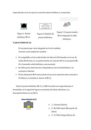 especializado en el uso para la conexión entre el teléfono y el auricular.




                                                            Figura 3. Conector macho
     Figura 1. Puerto          Figura 2. Símbolo de
                                                            RJ-11 integrado al cable
     telefónico RJ-11.            puerto telefónico.
                                                                   telefónico.
CARACTERÍSTICAS

       Es un puerto que viene integrado en los fax módem
       externos como tarjetas fax módem.


       Es compatible con las redes locales de datos (LAN) basadas en el uso de
       nodos RJ-45 (esto es, se puede insertar un conector RJ-11 en un puerto RJ-
       45 y transmitir señal telefónica convencional).
       Se utiliza para interconectar computadoras con la red telefónica y la
       conexión a Internet.
       El uso del puerto RJ-9 está acotado al uso en la conexión entre auricular y
       el teléfono, su tamaño es menor al RJ-11.



   Tanto el puerto telefónico RJ-11 y el RJ-9 cuentan con capacidad para 4
terminales; en la siguiente figura se muestran las líneas eléctricas y su
descripción básica en un RJ-11.




                                                   1.- Ground (Tierra)
                                                   2.- Rx Data Input (Recepción de
                                                   datos)
                                                   3.- Tx Data Output (Envío de
 