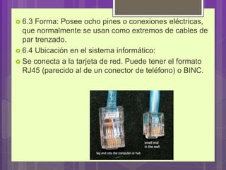  6.3 Forma: Posee ocho pines o conexiones eléctricas,
que normalmente se usan como extremos de cables de
par trenzado.
 6.4 Ubicación en el sistema informático:
 Se conecta a la tarjeta de red. Puede tener el formato
RJ45 (parecido al de un conector de teléfono) o BINC.
 