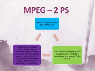 MPEG-2 Program Stream
                            (PS o MPEG-PS)




  Puede albergar flujos de
     video, audio y datos
 auxiliares, además integra               Es un formato contenedor para
información de reloj para la                multiplexación orientado a
  correcta decodificación y               paquetes de uno o varios flujos
 sincronización del resto de                         de PES.
   flujos, esto asegura una
  presentación simultánea.
 