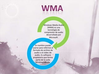 Windows Media Audio
               (WMA) es una
                tecnología de
            compresión de audio
              desarrollada por
                  Microsoft


   En nombre puede
usarse para referirse al
formato de archivo de
  audio o al códec de
  audio. Es software
propietario que forma
    parte de la suite
   Windows Media.
 