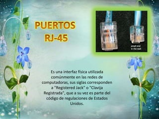 Es una interfaz física utilizada
comúnmente en las redes de
computadoras, sus siglas corresponden
a "Registered Jack" o "Clavija
Registrada", que a su vez es parte del
código de regulaciones de Estados
Unidos.
 