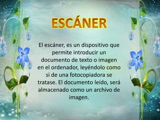 El escáner, es un dispositivo que
permite introducir un
documento de texto o imagen
en el ordenador, leyéndolo como
si de una fotocopiadora se
tratase. El documento leído, será
almacenado como un archivo de
imagen.
 