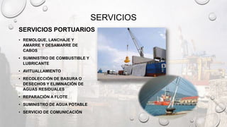 SERVICIOS
SERVICIOS PORTUARIOS
• REMOLQUE, LANCHAJE Y
AMARRE Y DESAMARRE DE
CABOS
• SUMINISTRO DE COMBUSTIBLE Y
LUBRICANTE
• AVITUALLAMIENTO
• RECOLECCIÓN DE BASURA O
DESECHOS Y ELIMINACIÓN DE
AGUAS RESIDUALES
• REPARACIÓN A FLOTE
• SUMINISTRO DE AGUA POTABLE
• SERVICIO DE COMUNICACIÓN
 