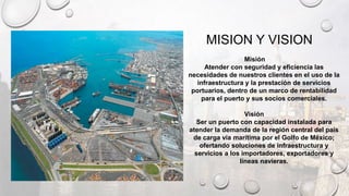 Misión
Atender con seguridad y eficiencia las
necesidades de nuestros clientes en el uso de la
infraestructura y la prestación de servicios
portuarios, dentro de un marco de rentabilidad
para el puerto y sus socios comerciales.
Visión
Ser un puerto con capacidad instalada para
atender la demanda de la región central del país
de carga vía marítima por el Golfo de México;
ofertando soluciones de infraestructura y
servicios a los importadores, exportadores y
líneas navieras.
MISION Y VISION
 