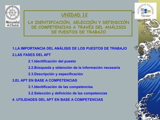 LA IDENTIFCACIÓN, SELECCIÓN Y DEFINICIÓN
DE COMPETENCIAS A TRAVÉS DEL ANÁLISIS
DE PUESTOS DE TRABAJO
UNIDAD 12
1.LA IMPORTANCIA DEL ANÁLISIS DE LOS PUESTOS DE TRABAJO
2.LAS FASES DEL APT
2.1.Identificación del puesto
2.2.Búsqueda y obtención de la información necesaria
2.3.Descripción y especificación
3.EL APT EN BASE A COMPETENCIAS
3.1.Identificación de las competencias
3.2.Selección y definición de las competencias
4. UTILIDADES DEL APT EN BASE A COMPETENCIAS
 