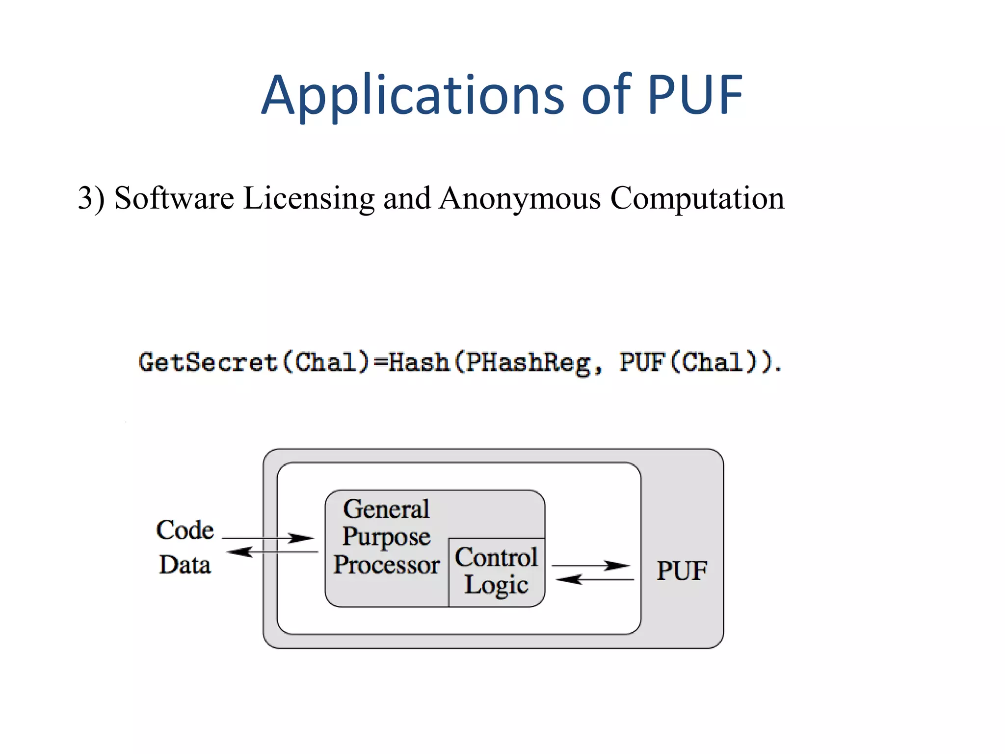 Applications of PUF
3) Software Licensing and Anonymous Computation
 
