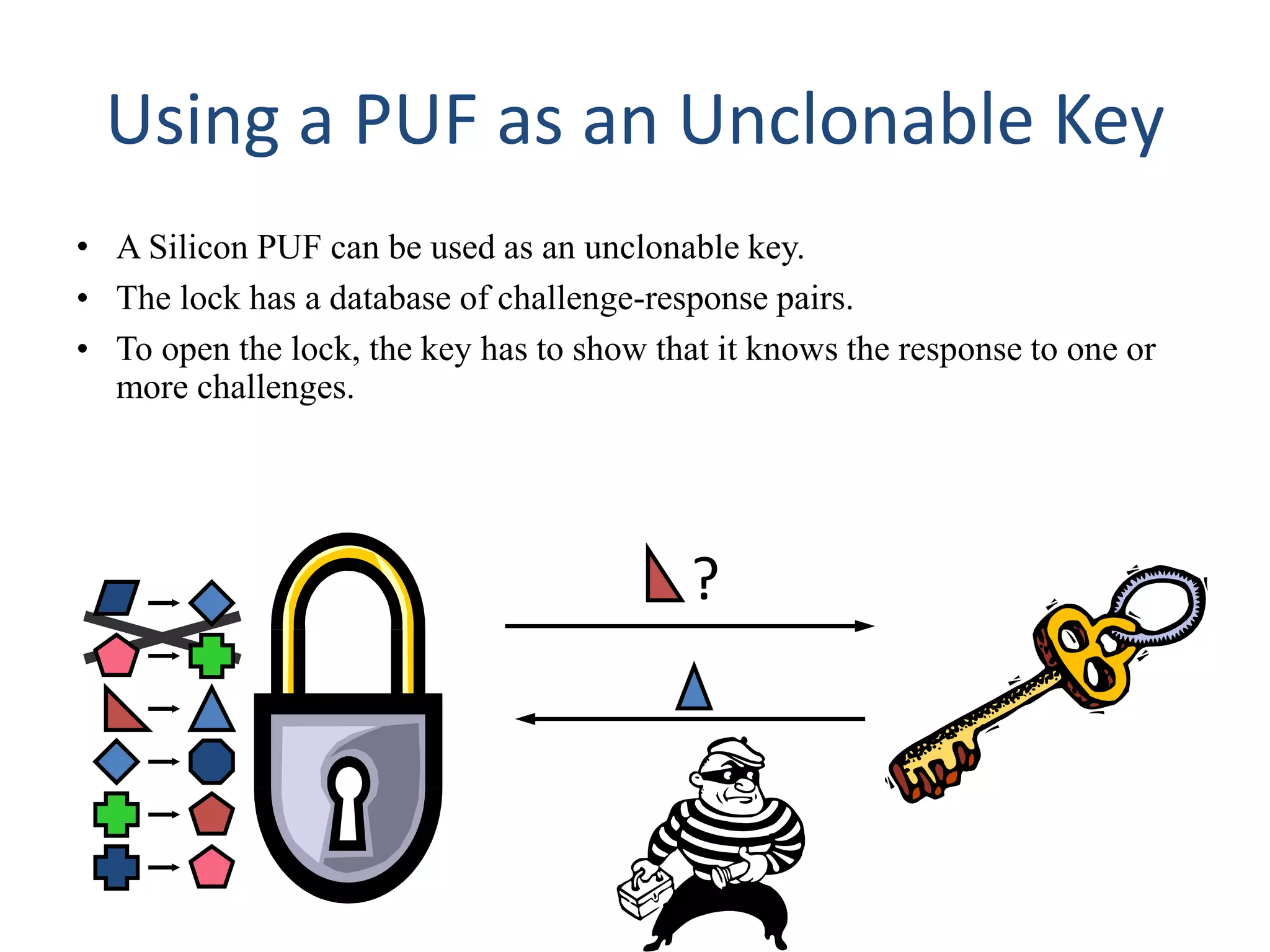 Using a PUF as an Unclonable Key
• A Silicon PUF can be used as an unclonable key.
• The lock has a database of challenge-response pairs.
• To open the lock, the key has to show that it knows the response to one or
more challenges.
?
 