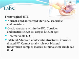 Labs:
Transvaginal UTZ:
Normal sized anteverted uterus w/ isoechoic
endometrium
Cystic structure within the RO. Consider
endometriotic cyst vs. corpus luteum cyst
Unremarkable LO
Bilateral Adnexal Tubulocystic structures. Consider
dilated FT. Cannot totally rule out bilateral
tuboovarian complex masses. Minimal clear cul de sac
fluid.
 