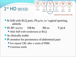 1st
HD (9/12):
S: Still with RLQ pain, PS:4/10, w/ vaginal spotting,
afebrile
O: BP: 110/70 HR:80 RR:20 T:36.8
Abd: Still with tenderness at RLQ
A: clinically stable
P: monitor for persistence of abdominal pain
For repeat CBC after 2 units of PRBC
Continue meds
 