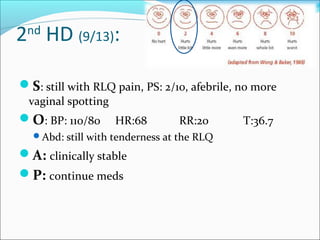 2nd
HD (9/13):
S: still with RLQ pain, PS: 2/10, afebrile, no more
vaginal spotting
O: BP: 110/80 HR:68 RR:20 T:36.7
Abd: still with tenderness at the RLQ
A: clinically stable
P: continue meds
 