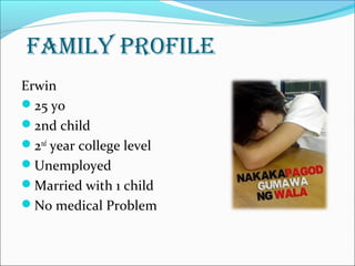 FAMILY PROFILE
Erwin
25 yo
2nd child
2nd
year college level
Unemployed
Married with 1 child
No medical Problem
 