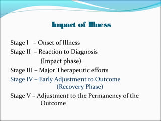 Impact of Illness
Stage I – Onset of Illness
Stage II – Reaction to Diagnosis
(Impact phase)
Stage III – Major Therapeutic efforts
Stage IV – Early Adjustment to Outcome
(Recovery Phase)
Stage V – Adjustment to the Permanency of the
Outcome
 