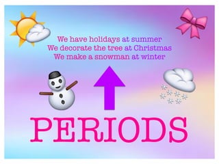 PERIODS
We have holidays at summer
We decorate the tree at Christmas
We make a snowman at winter
⛄ 🌨
🌤
🎀