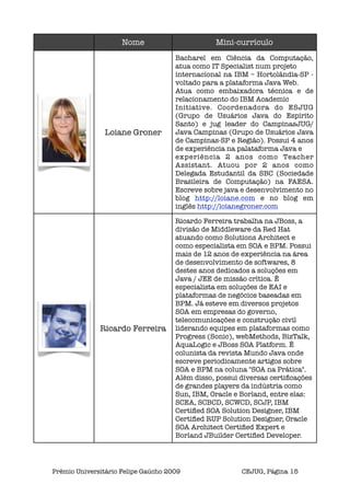 Nome                       Mini-currículo
                                     Bacharel em Ciência da Computação,
                                     atua como IT Specialist num projeto
                                     internacional na IBM – Hortolândia-SP -
                                     voltado para a plataforma Java Web.
                                     Atua como embaixadora técnica e de
                                     relacionamento do IBM Academic
                                     Initiative. Coordenadora do ESJUG
                                     (Grupo de Usuários Java do Espírito
                                     Santo) e jug leader do CampinasJUG/
                Loiane Groner        Java Campinas (Grupo de Usuários Java
                                     de Campinas-SP e Região). Possui 4 anos
                                     de experiência na palataforma Java e
                                     experiência 2 anos como Teacher
                                     Assistant. Atuou por 2 anos como
                                     Delegada Estudantil da SBC (Sociedade
                                     Brasileira de Computação) na FAESA.
                                     Escreve sobre java e desenvolvimento no
                                     blog http://loiane.com e no blog em
                                     inglês http://loianegroner.com

                                     Ricardo Ferreira trabalha na JBoss, a
                                     divisão de Middleware da Red Hat
                                     atuando como Solutions Architect e
                                     como especialista em SOA e BPM. Possui
                                     mais de 12 anos de experiência na área
                                     de desenvolvimento de softwares, 8
                                     destes anos dedicados a soluções em
                                     Java / JEE de missão crítica. É
                                     especialista em soluções de EAI e
                                     plataformas de negócios baseadas em
                                     BPM. Já esteve em diversos projetos
                                     SOA em empresas do governo,
                                     telecomunicações e construção civil
              Ricardo Ferreira       liderando equipes em plataformas como
                                     Progress (Sonic), webMethods, BizTalk,
                                     AquaLogic e JBoss SOA Platform. É
                                     colunista da revista Mundo Java onde
                                     escreve periodicamente artigos sobre
                                     SOA e BPM na coluna "SOA na Prática".
                                     Além disso, possui diversas certiﬁcações
                                     de grandes players da indústria como
                                     Sun, IBM, Oracle e Borland, entre elas:
                                     SCEA, SCBCD, SCWCD, SCJP, IBM
                                     Certiﬁed SOA Solution Designer, IBM
                                     Certiﬁed RUP Solution Designer, Oracle
                                     SOA Architect Certiﬁed Expert e
                                     Borland JBuilder Certiﬁed Developer.




Prêmio Universitário Felipe Gaúcho 2009                 CEJUG, Página 15
 