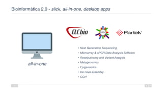 Bioinformática 2.0 - slick, all-in-one, desktop apps
10
all-in-one
• Next Generation Sequencing,
• Microarray & qPCR Data Analysis Software
• Resequencing and Variant Analysis
• Metagenomics
• Epigenomics
• De novo assembly
• CGH
 