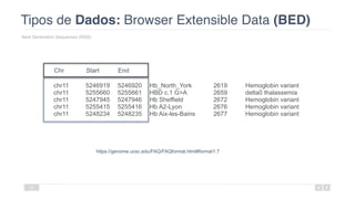 Tipos de Dados: Browser Extensible Data (BED)
Next Generation Sequences (NGS)
32
chr11 5246919 5246920 Hb_North_York 2619 Hemoglobin variant
chr11 5255660 5255661 HBD c.1 G>A 2659 delta0 thalassemia
chr11 5247945 5247946 Hb Sheffield 2672 Hemoglobin variant
chr11 5255415 5255416 Hb A2-Lyon 2676 Hemoglobin variant
chr11 5248234 5248235 Hb Aix-les-Bains 2677 Hemoglobin variant
https://genome.ucsc.edu/FAQ/FAQformat.html#format1.7
Chr Start End
 