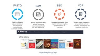 FASTQ BAM VCFBED
FASTA + Quality
arquivo texto com
sequências de
nucleotídeos e
qualidade por base.
Binary Alignment Map
arquivo binário de
sequências alinhadas
em uma referência.
Variant Allele Frequency
arquivo texto com as
variantes encontradas em
relação a referência.
Browser Extensible Data
arquivo texto com regiões
genéticas alvos de
interesse
https://usegalaxyp.org/
 
