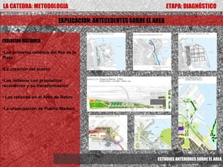 LA CATEDRA: METODOLOGIA                                              ETAPA: DIAGNÓSTICO

                           EXPLICACION: ANTECEDENTES SOBRE EL AREA


EVOLUCION HISTORICA

•Los primeros rellenos del Río de la
Plata

•La creación del puerto

•Los rellenos con propósitos
recreativos y su transformación

• Los rellenos en el Área de Retiro

•La urbanización de Puerto Madero




                                                               ESTUDIOS ANTERIORES SOBRE EL AREA
 