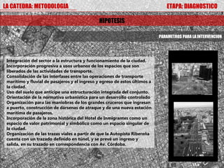 LA CATEDRA: METODOLOGIA                                                        ETAPA: DIAGNOSTICO

                                               HIPOTESIS

                                                                            PARAMETROS PARA LA INTERVENCION




 Integración del sector a la estructura y funcionamiento de la ciudad.
 Incorporación progresiva a usos urbanos de los espacios que son
 liberados de las actividades de transporte.
 Consolidación de las interfases entre las operaciones de transporte
 marítimo y fluvial de pasajeros y el ingreso y egreso de estos últimos a
 la ciudad.
 Uso del suelo que anticipe una estructuración integrada del conjunto.
 Orientación de la normativa urbanística para un desarrollo controlado
 Organización para las maniobras de los grandes cruceros que ingresan
 a puerto, construcción de dársenas de atraque y de una nueva estación
 marítima de pasajeros.
 Incorporación de la zona histórica del Hotel de Inmigrantes como un
 espacio de valor patrimonial y simbólico como un espacio singular de
 la ciudad.
 Organización de las trazas viales a partir de que la Autopista Ribereña
 cuenta con un trazado definido en túnel, y se prevé un ingreso y
 salida, en su trazado en correspondencia con Av. Córdoba.
 