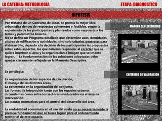 LA CATEDRA: METODOLOGIA                                                     ETAPA: DIAGNOSTICO

                                               HIPOTESIS
 Por tratarse de un Concurso de Ideas, se premia la mejor idea
 urbanística dentro de respuestas coherentes y factibles, según la              MARGEN DE FLEXIBILIDAD
 experiencia de los participantes y planteadas como respuesta a los
 temas y parámetros básicos.
 No se define un Programa detallado que determine usos, densidades,
 alturas de edificación o actividades, sino solo criterios generales para
 el desarrollo, dejando a la decisión de los participantes las propuestas
 sobre estos aspectos, los que deberán responder al carácter que se
 quiera imprimir al área y la organización e imagen que se intente
 lograr. La fundamentación de las soluciones adoptadas debe
 quedar claramente reflejada en la Memoria Descriptiva.


 Se privilegia:
                                                                              CRITERIOS DE VALORACION
 La organización de los espacios de circulación,
 El manejo de las distintas áreas,
 La coherencia en la organización del conjunto,
 Las formas de integración tanto con los espacios urbanos
 circundantes como entre los sectores involucrados en el área de
 intervención
 Las pautas normativas para el control del desarrollo del área.

 La rentabilidad económica en el uso del suelo no es necesariamente la
 premisa fundamental que se busca lograr para el ordenamiento
 territorial de este espacio,
 