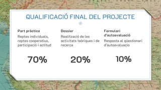 QUALIFICACIÓ FINAL DEL PROJECTE
Part pràctica
Reptes individuals,
reptes cooperatius,
participació i actitud
70%
Dossier
R...