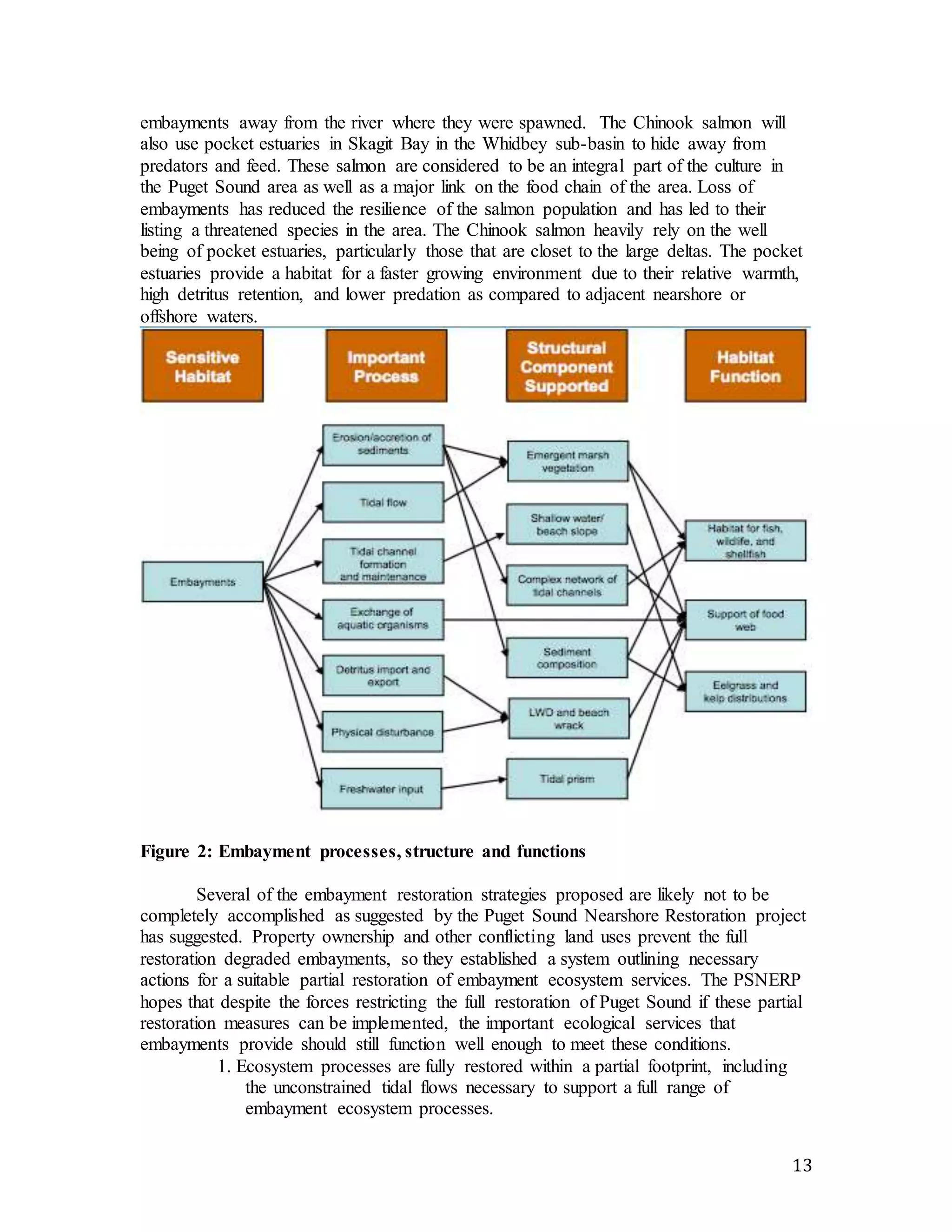 embayments away from the river where they were spawned. The Chinook salmon will 
also use pocket estuaries in Skagit Bay in the Whidbey sub-basin to hide away from 
predators and feed. These salmon are considered to be an integral part of the culture in 
the Puget Sound area as well as a major link on the food chain of the area. Loss of 
embayments has reduced the resilience of the salmon population and has led to their 
listing a threatened species in the area. The Chinook salmon heavily rely on the well 
being of pocket estuaries, particularly those that are closet to the large deltas. The pocket 
estuaries provide a habitat for a faster growing environment due to their relative warmth, 
high detritus retention, and lower predation as compared to adjacent nearshore or 
offshore waters. 
13 
Figure 2: Embayment processes, structure and functions 
Several of the embayment restoration strategies proposed are likely not to be 
completely accomplished as suggested by the Puget Sound Nearshore Restoration project 
has suggested. Property ownership and other conflicting land uses prevent the full 
restoration degraded embayments, so they established a system outlining necessary 
actions for a suitable partial restoration of embayment ecosystem services. The PSNERP 
hopes that despite the forces restricting the full restoration of Puget Sound if these partial 
restoration measures can be implemented, the important ecological services that 
embayments provide should still function well enough to meet these conditions. 
1. Ecosystem processes are fully restored within a partial footprint, including 
the unconstrained tidal flows necessary to support a full range of 
embayment ecosystem processes. 
 