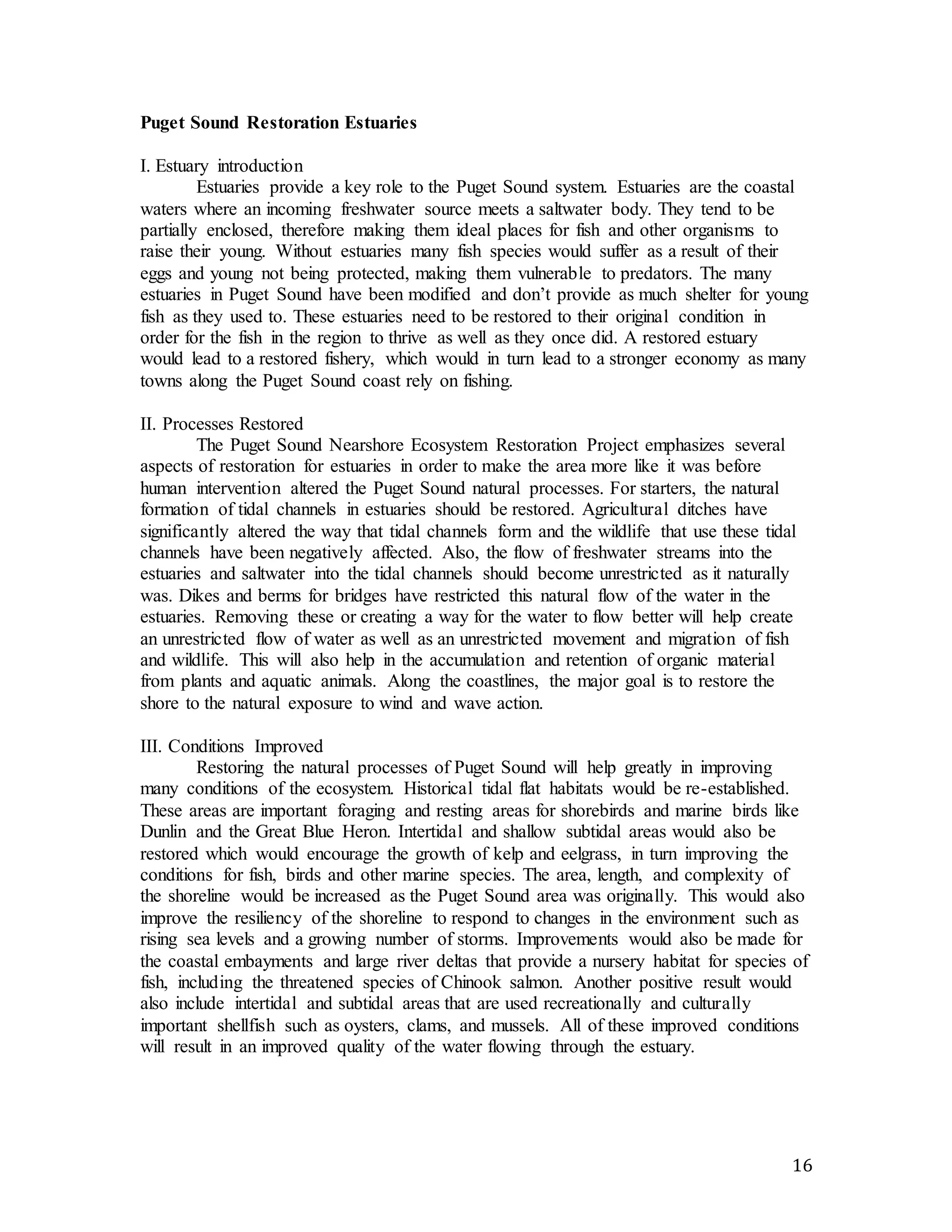 16 
Puget Sound Restoration Estuaries 
I. Estuary introduction 
Estuaries provide a key role to the Puget Sound system. Estuaries are the coastal 
waters where an incoming freshwater source meets a saltwater body. They tend to be 
partially enclosed, therefore making them ideal places for fish and other organisms to 
raise their young. Without estuaries many fish species would suffer as a result of their 
eggs and young not being protected, making them vulnerable to predators. The many 
estuaries in Puget Sound have been modified and don’t provide as much shelter for young 
fish as they used to. These estuaries need to be restored to their original condition in 
order for the fish in the region to thrive as well as they once did. A restored estuary 
would lead to a restored fishery, which would in turn lead to a stronger economy as many 
towns along the Puget Sound coast rely on fishing. 
II. Processes Restored 
The Puget Sound Nearshore Ecosystem Restoration Project emphasizes several 
aspects of restoration for estuaries in order to make the area more like it was before 
human intervention altered the Puget Sound natural processes. For starters, the natural 
formation of tidal channels in estuaries should be restored. Agricultural ditches have 
significantly altered the way that tidal channels form and the wildlife that use these tidal 
channels have been negatively affected. Also, the flow of freshwater streams into the 
estuaries and saltwater into the tidal channels should become unrestricted as it naturally 
was. Dikes and berms for bridges have restricted this natural flow of the water in the 
estuaries. Removing these or creating a way for the water to flow better will help create 
an unrestricted flow of water as well as an unrestricted movement and migration of fish 
and wildlife. This will also help in the accumulation and retention of organic material 
from plants and aquatic animals. Along the coastlines, the major goal is to restore the 
shore to the natural exposure to wind and wave action. 
III. Conditions Improved 
Restoring the natural processes of Puget Sound will help greatly in improving 
many conditions of the ecosystem. Historical tidal flat habitats would be re-established. 
These areas are important foraging and resting areas for shorebirds and marine birds like 
Dunlin and the Great Blue Heron. Intertidal and shallow subtidal areas would also be 
restored which would encourage the growth of kelp and eelgrass, in turn improving the 
conditions for fish, birds and other marine species. The area, length, and complexity of 
the shoreline would be increased as the Puget Sound area was originally. This would also 
improve the resiliency of the shoreline to respond to changes in the environment such as 
rising sea levels and a growing number of storms. Improvements would also be made for 
the coastal embayments and large river deltas that provide a nursery habitat for species of 
fish, including the threatened species of Chinook salmon. Another positive result would 
also include intertidal and subtidal areas that are used recreationally and culturally 
important shellfish such as oysters, clams, and mussels. All of these improved conditions 
will result in an improved quality of the water flowing through the estuary. 
 