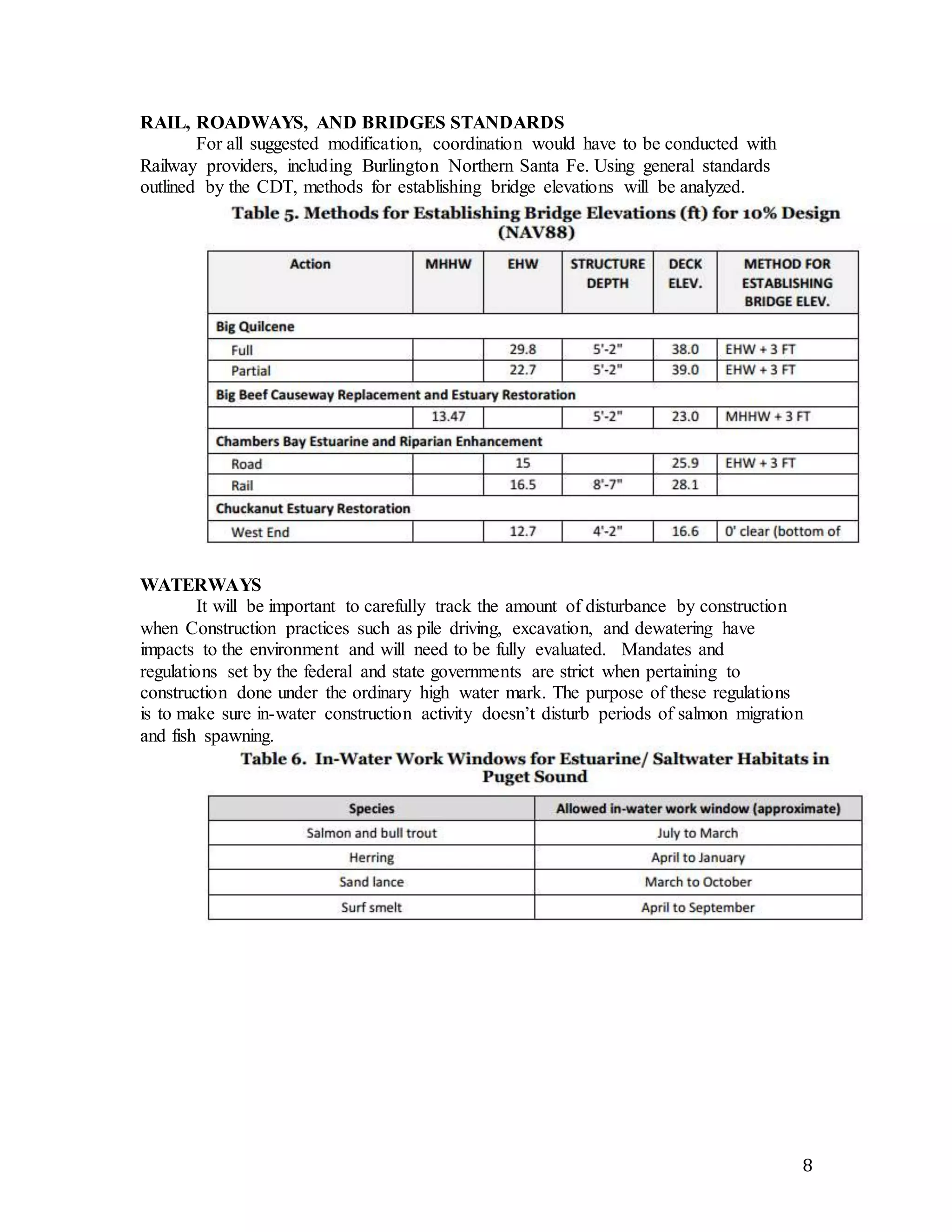 8 
RAIL, ROADWAYS, AND BRIDGES STANDARDS 
For all suggested modification, coordination would have to be conducted with 
Railway providers, including Burlington Northern Santa Fe. Using general standards 
outlined by the CDT, methods for establishing bridge elevations will be analyzed. 
WATERWAYS 
It will be important to carefully track the amount of disturbance by construction 
when Construction practices such as pile driving, excavation, and dewatering have 
impacts to the environment and will need to be fully evaluated. Mandates and 
regulations set by the federal and state governments are strict when pertaining to 
construction done under the ordinary high water mark. The purpose of these regulations 
is to make sure in-water construction activity doesn’t disturb periods of salmon migration 
and fish spawning. 
 