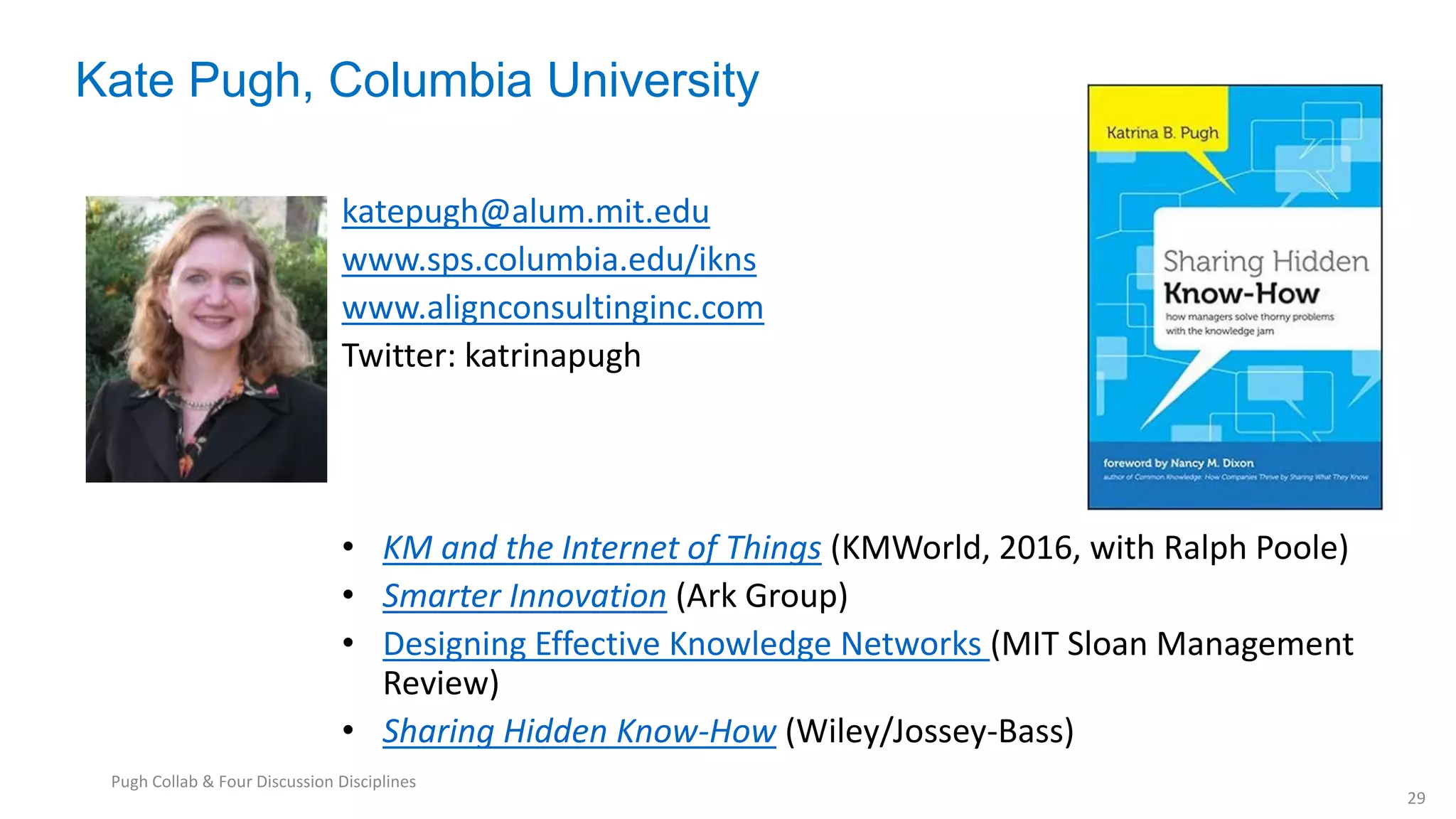 Kate Pugh, Columbia University
katepugh@alum.mit.edu
www.sps.columbia.edu/ikns
www.alignconsultinginc.com
Twitter: katrinapugh
• KM and the Internet of Things (KMWorld, 2016, with Ralph Poole)
• Smarter Innovation (Ark Group)
• Designing Effective Knowledge Networks (MIT Sloan Management
Review)
• Sharing Hidden Know-How (Wiley/Jossey-Bass)
29
Pugh Collab & Four Discussion Disciplines
 