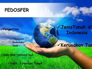 Free Powerpoint Templates
Page 1
PEDOSFER
Pengertian
Komponen
Pembentukan
Tanah
Profil / Horizon Tanah
Kerusakan Tan
Faktor-faktor PembentukTanah
JenisTanah di
Indonesia
 