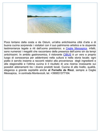 Poco lontano dalla costa e da Ostuni, un'altra antichissima città d’arte e di
buona cucina sorprende i visitatori con il suo patrimonio artistico e le stupende
testimonianze legate a riti dell’uomo preistorico; a Ceglie Messapica, infatti,
sono numerosi i megaliti che raccontano della presenza dell’uomo sin da tempi
antichissimi. In ambito gastronomico, il ristorante CIBUS è un vero e proprio
luogo di conoscenza per addentrarsi nella cultura e nella storia locale; ogni
piatto è servito insieme a racconti relativi alla provenienza degli ingredienti e
alla stagionalità e l’ottima cucina è il risultato di una ricerca incessante sui
possibili abbinamenti tra i diversi prodotti locali. Cucina di alto livello, qualità,
eleganza e grande ospitalità anche al Fornello da Ricci, sempre a Ceglie
Messapica, in contrada Montevicoli, tel. +390831377104.

 