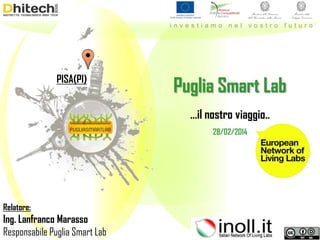 PISA(PI)
28/02/2014
Puglia Smart Lab
…il nostro viaggio..
Relatore:
Ing. Lanfranco Marasso
Responsabile Puglia Smart Lab
 