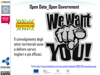 Open Data_Open Government

Il coinvolgimento degli
attori territoriali aiuta
a definire servizi
migliori e più efficaci.
LE
22/02/2014

Fonte: http://www.mediazbiz.com/wp-content/uploads/2010/03/wewantyou.png

 